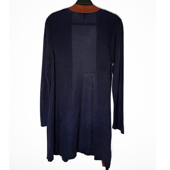 Eileen Fisher Womens Open Front Duster Cardigan Sweater Navy Brown Side Slits LP - Picture 5 of 9